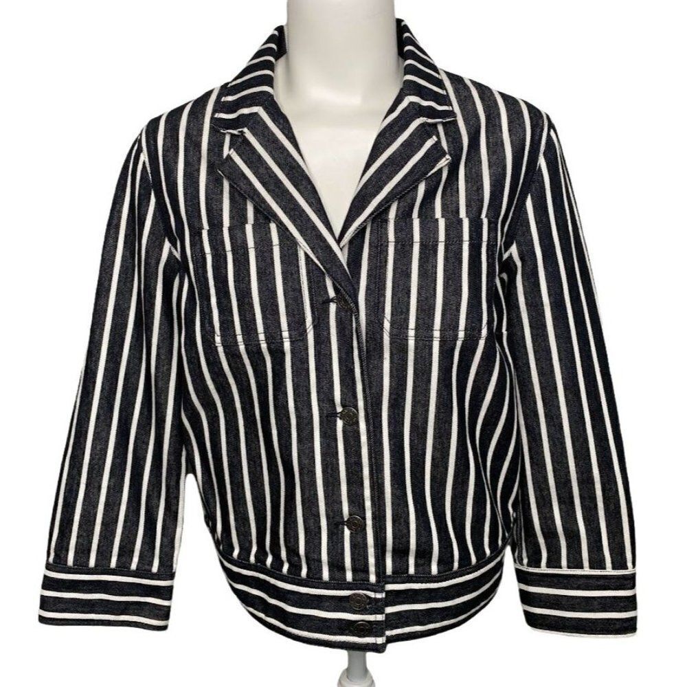 Lauren Ralph Lauren Dark Denim Blue‎ White Stripe Jean Jacket Sz Large